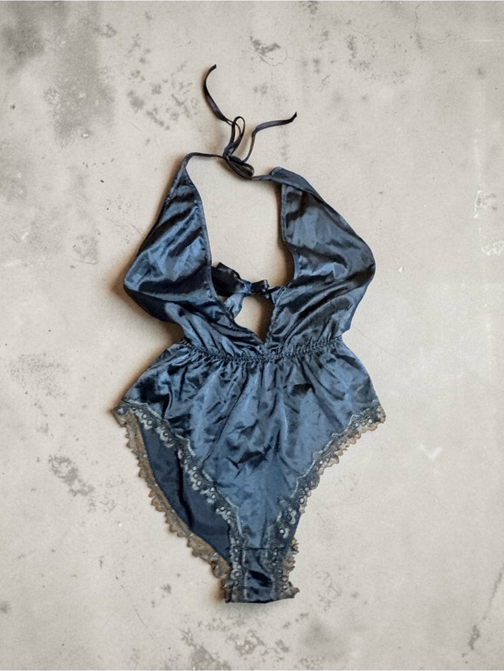 Halter Satin Lace-Trim Teddy Bodysuit